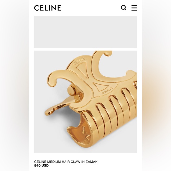 CELINE Triomphe Gold Hair Claw Clip Medium Zamak Paris Luxury